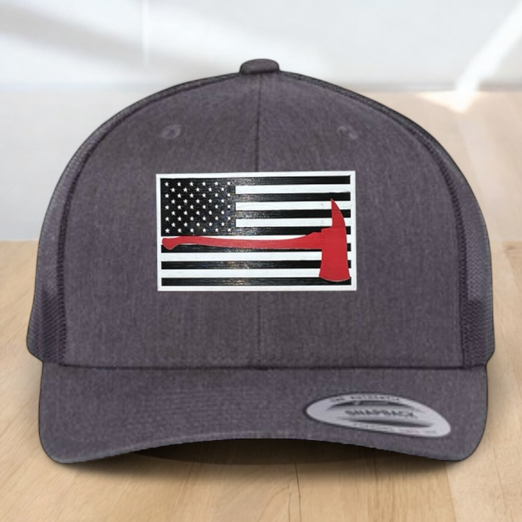 Custom Trucker Hat, Fire Fighter Red Line Axe Hat,  Engraved Acrylic Patch, Support the Fire Fighter, Adjustable Snapback Closure