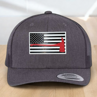 Custom Trucker Hat, Fire Fighter Red Line Axe Hat,  Engraved Acrylic Patch, Support the Fire Fighter, Adjustable Snapback Closure