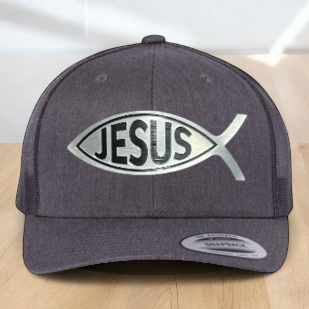 Custom Trucker Hat, with a Jesus Fish Engraved Patch, One Size Fit Most, USA Dad Gifts, Adjustable Mesh Snapback Closure