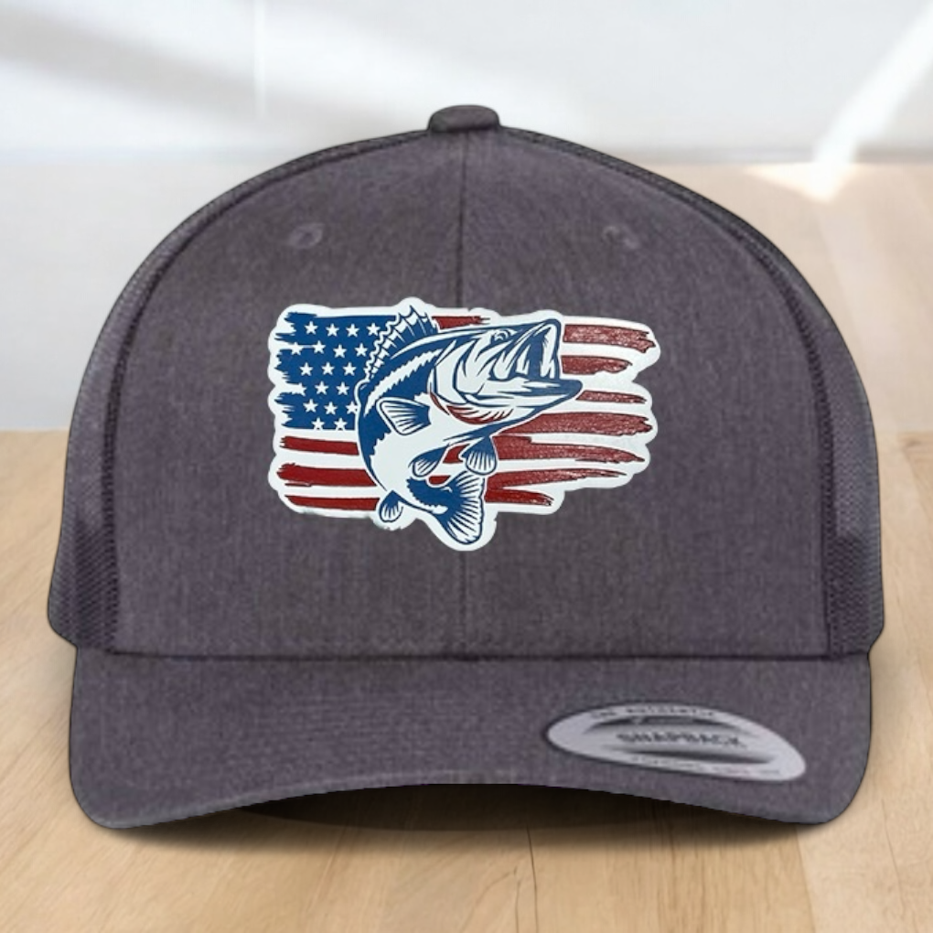 American Flag Custom Trucker Hat, w/ a Engraved Acrylic Bass Fish Patch, One Size Fit Most, USA Dad Gifts, Adjustable Mesh Snapback Closure