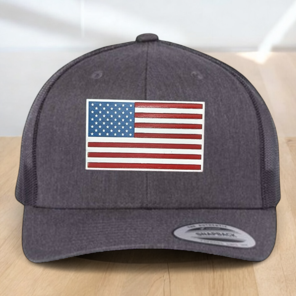 American Flag Custom Trucker Hat, Engraved Acrylic Red White & Blue Flag Patch, USA Flag Patch, One Size Fit Most, USA Dad Gifts, Adjustable Mesh Snapback Closure