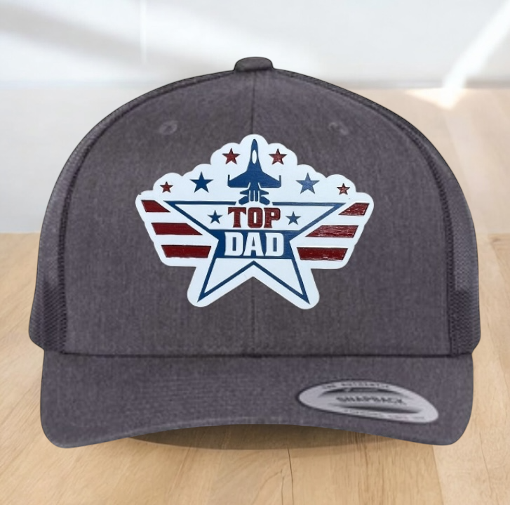 American Flag Custom Trucker Hat, w/ a Engraved Acrylic Top Dad Patch, One Size Fit Most, USA Dad Gifts, Adjustable Mesh Snapback Closure
