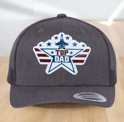 American Flag Custom Trucker Hat, w/ a Engraved Acrylic Top Dad Patch, One Size Fit Most, USA Dad Gifts, Adjustable Mesh Snapback Closure