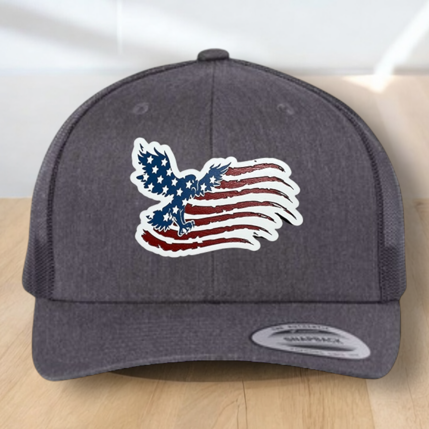American Flag Custom Trucker Hat, w/ a Engraved Acrylic Flying Eagle USA Flag Patch, One Size Fit Most, USA Dad Gifts, Adjustable Mesh Snapback Closure
