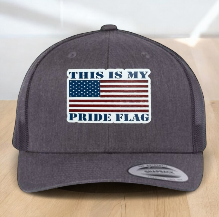 "This Is My Pride Flag" Custom Trucker Hat, w/ an Engraved Acrylic USA Flag Patch, One SizeFit Most, USA Dad Gifts, Adjustable Mesh Snapback Closure