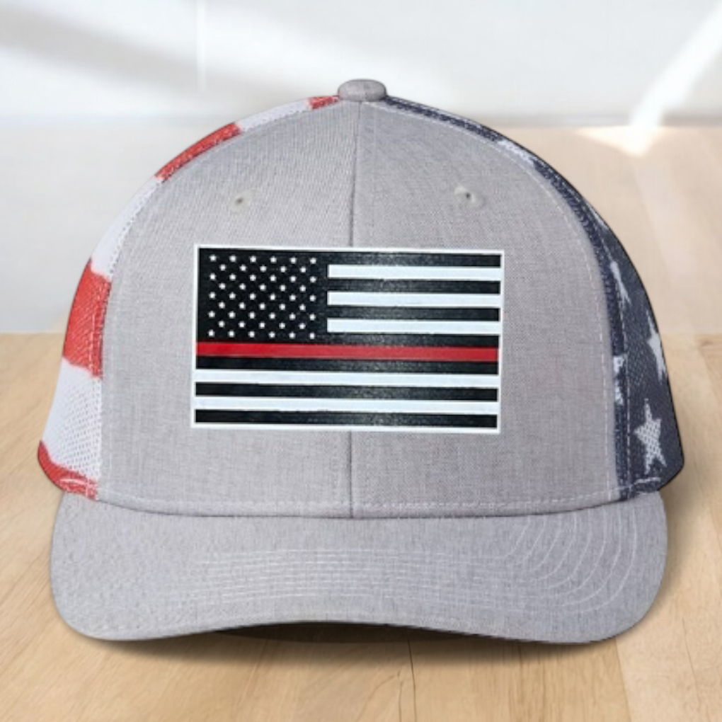Custom Trucker Hat, Fire Fighter Red Line Hat, Engraved Patch, Support the Fire Fighter, Adjustable Snapback Closure