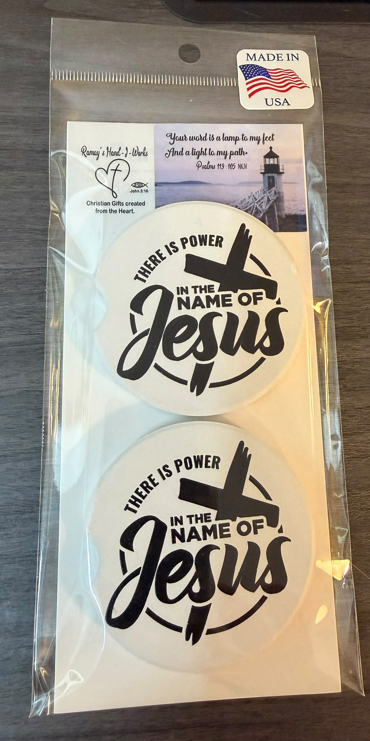 "In The Name Of Jesus" Custom Ceramic Car Coasters (Set of 2)