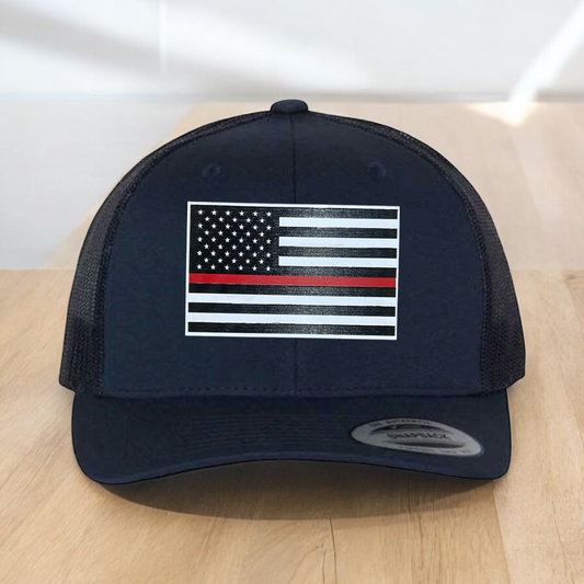 Custom Trucker Hat, Fire Fighter Red Line Hat, Engraved Patch, Support the Fire Fighter, Adjustable Snapback Closure