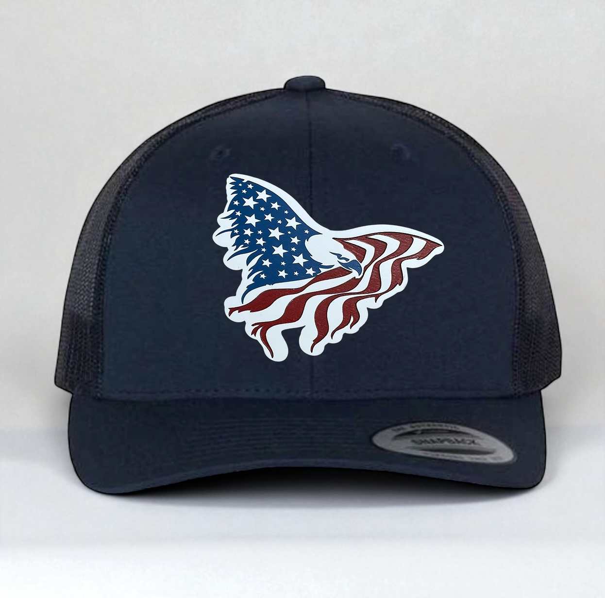 American Flag Custom Trucker Hat, w/ a Engraved Acrylic Eagle USA Flag Patch, One Size Fit Most, USA Dad Gifts, Adjustable Mesh Snapback Closure
