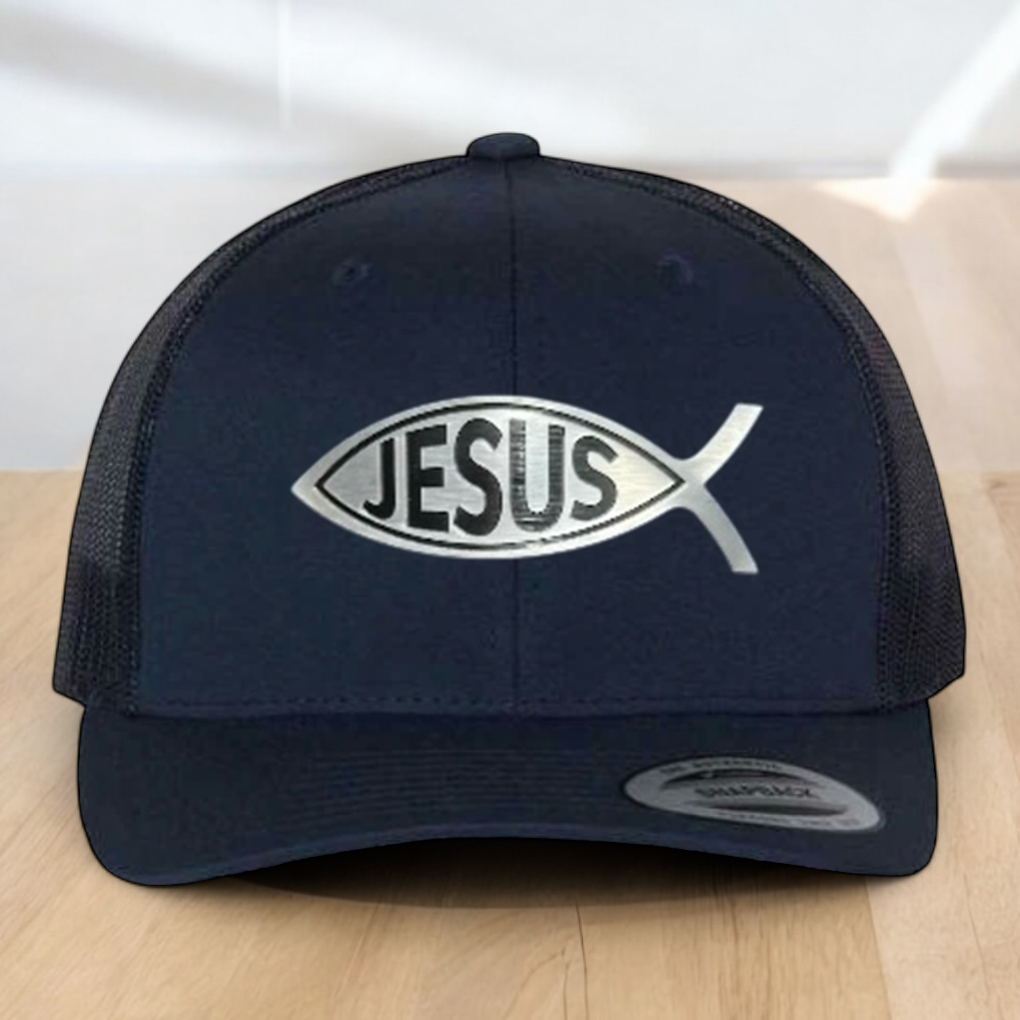 Custom Trucker Hat, with a Jesus Fish Engraved Patch, One Size Fit Most, USA Dad Gifts, Adjustable Mesh Snapback Closure