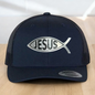 Custom Trucker Hat, with a Jesus Fish Engraved Patch, One Size Fit Most, USA Dad Gifts, Adjustable Mesh Snapback Closure
