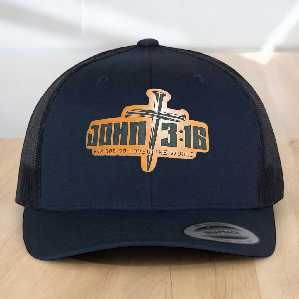 Custom Trucker Hat, with John 3:16 Leatherette Patch, One Size Fit Most, USA Dad Gifts, Adjustable Mesh Snapback Closure