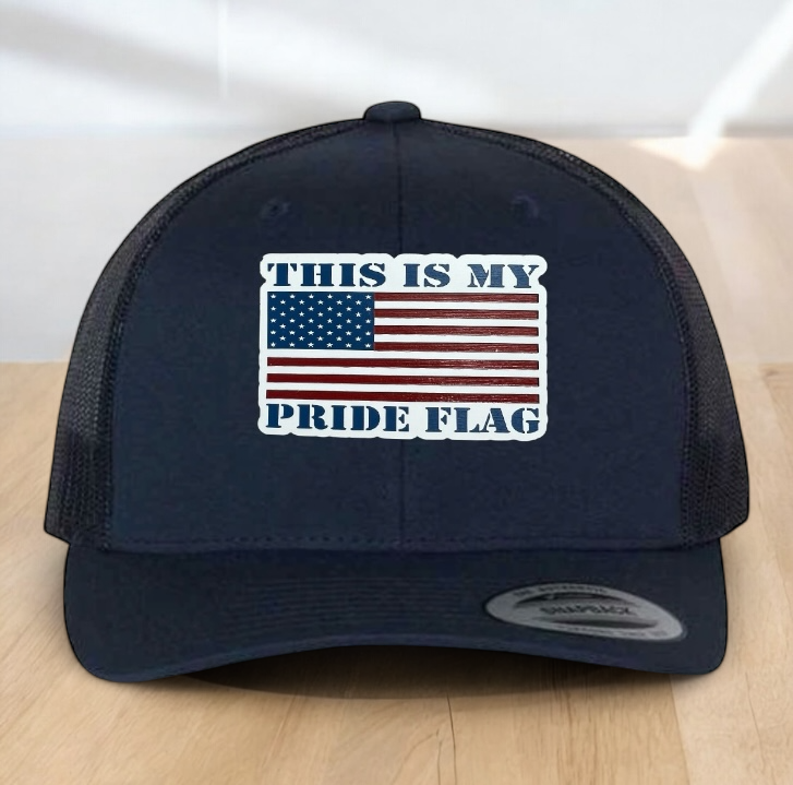 "This Is My Pride Flag" Custom Trucker Hat, w/ an Engraved Acrylic USA Flag Patch, One SizeFit Most, USA Dad Gifts, Adjustable Mesh Snapback Closure