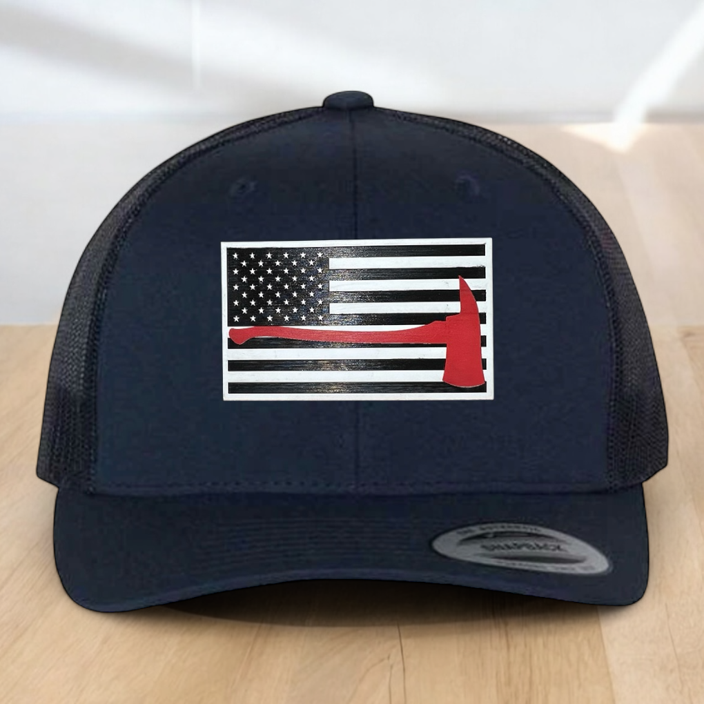 Custom Trucker Hat, Fire Fighter Red Line Axe Hat,  Engraved Acrylic Patch, Support the Fire Fighter, Adjustable Snapback Closure