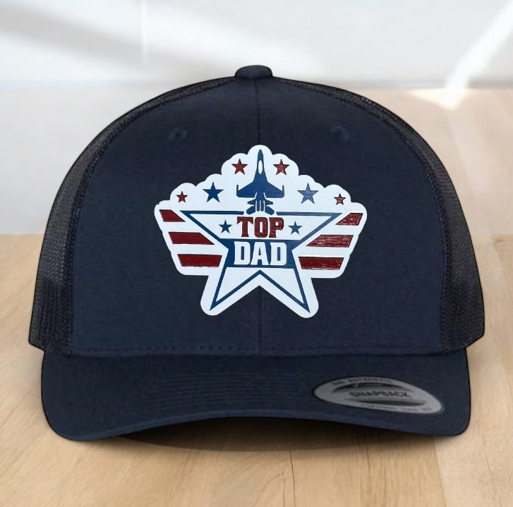 American Flag Custom Trucker Hat, w/ a Engraved Acrylic Top Dad Patch, One Size Fit Most, USA Dad Gifts, Adjustable Mesh Snapback Closure