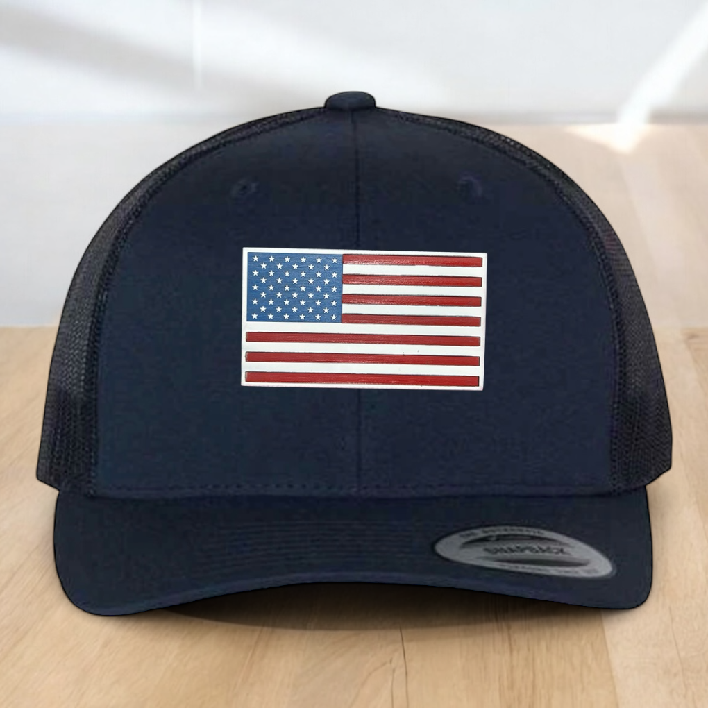 American Flag Custom Trucker Hat, Engraved Acrylic Red White & Blue Flag Patch, USA Flag Patch, One Size Fit Most, USA Dad Gifts, Adjustable Mesh Snapback Closure