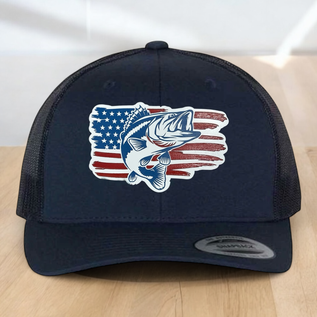 American Flag Custom Trucker Hat, w/ a Engraved Acrylic Bass Fish Patch, One Size Fit Most, USA Dad Gifts, Adjustable Mesh Snapback Closure