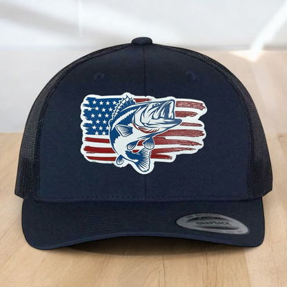 American Flag Custom Trucker Hat, w/ a Engraved Acrylic Bass Fish Patch, One Size Fit Most, USA Dad Gifts, Adjustable Mesh Snapback Closure