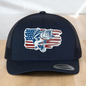 American Flag Custom Trucker Hat, w/ a Engraved Acrylic Bass Fish Patch, One Size Fit Most, USA Dad Gifts, Adjustable Mesh Snapback Closure