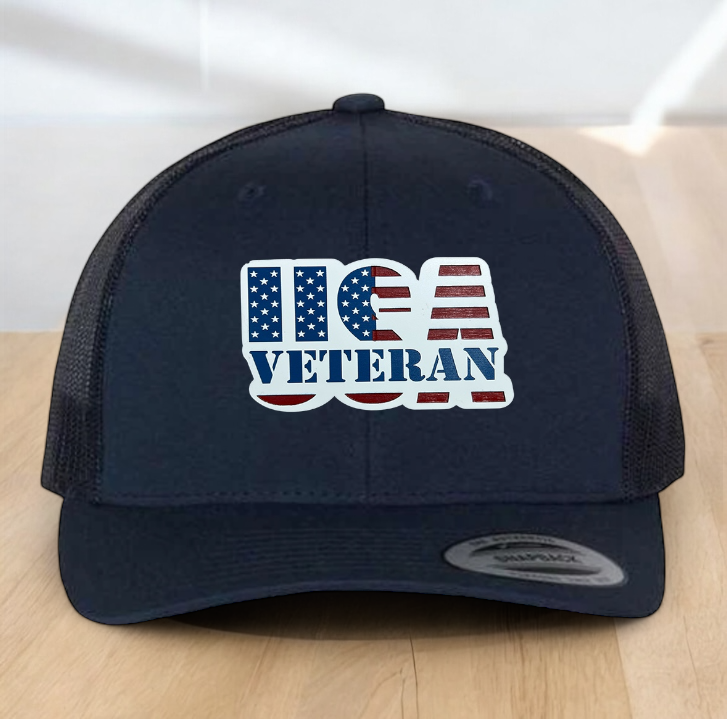 American Flag Custom Trucker Hat, w/ a Engraved Acrylic USA Veteran Flag Patch, One Size Fit Most, USA Dad Gifts, Adjustable Mesh Snapback Closure