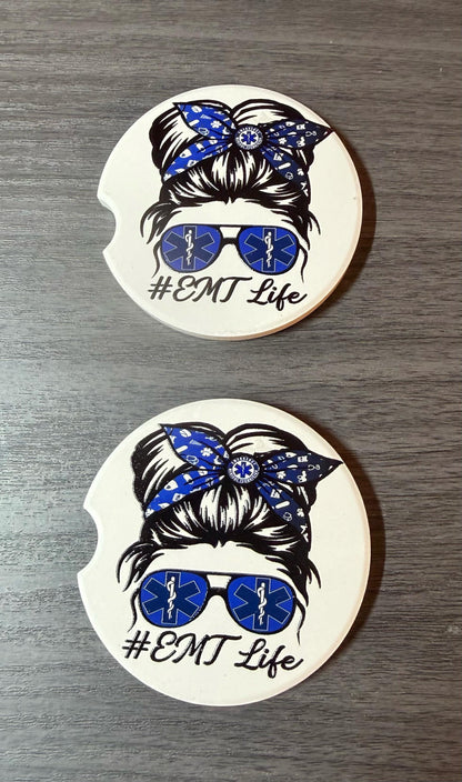 Messy Bun EMT Life Custom Ceramic Car Coasters (Set of 2) Absorbent Holder Decor __etsy:8192061573