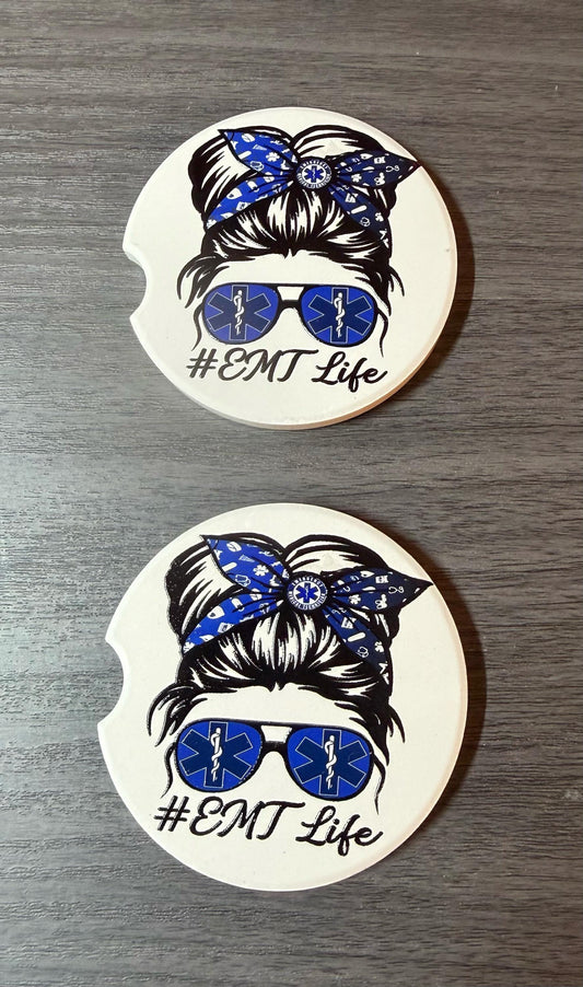 Messy Bun EMT Life Custom Ceramic Car Coasters (Set of 2) Absorbent Holder Decor __etsy:8192061573