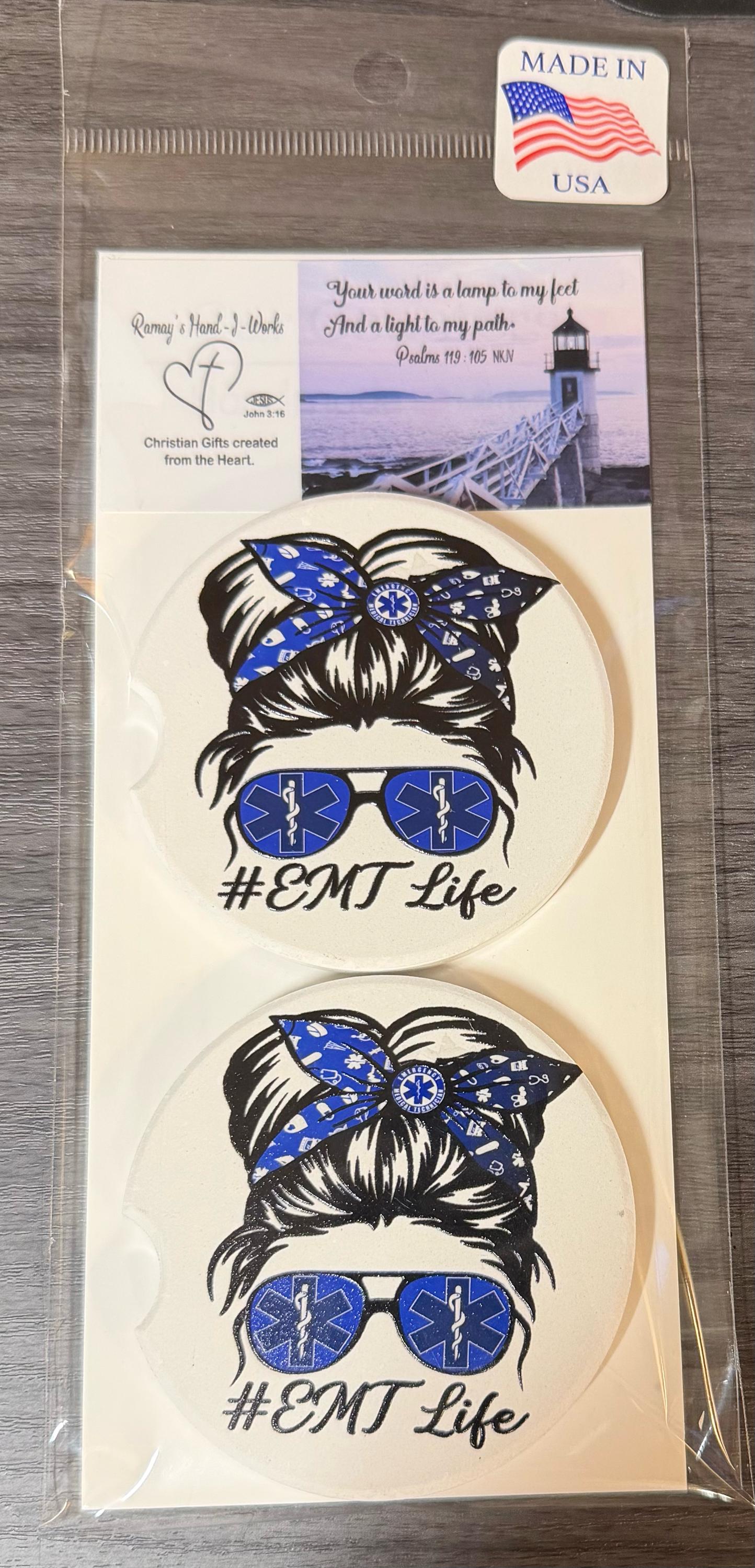 Messy Bun EMT Life Custom Ceramic Car Coasters (Set of 2) Absorbent Holder Decor __etsy:8144165450