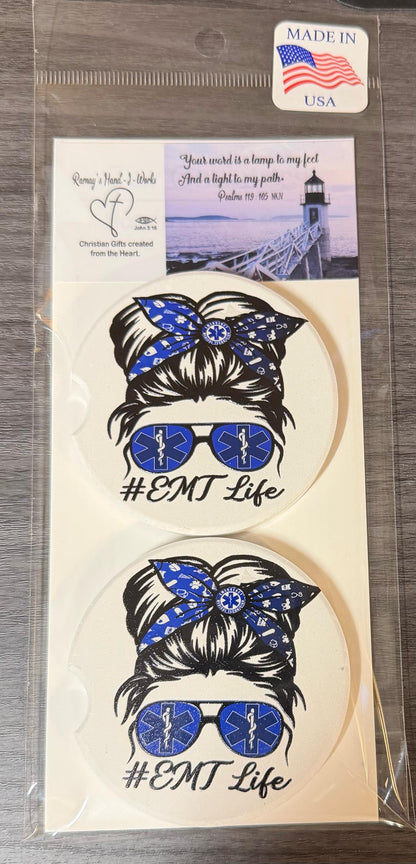 Messy Bun EMT Life Custom Ceramic Car Coasters (Set of 2) Absorbent Holder Decor __etsy:8144165450