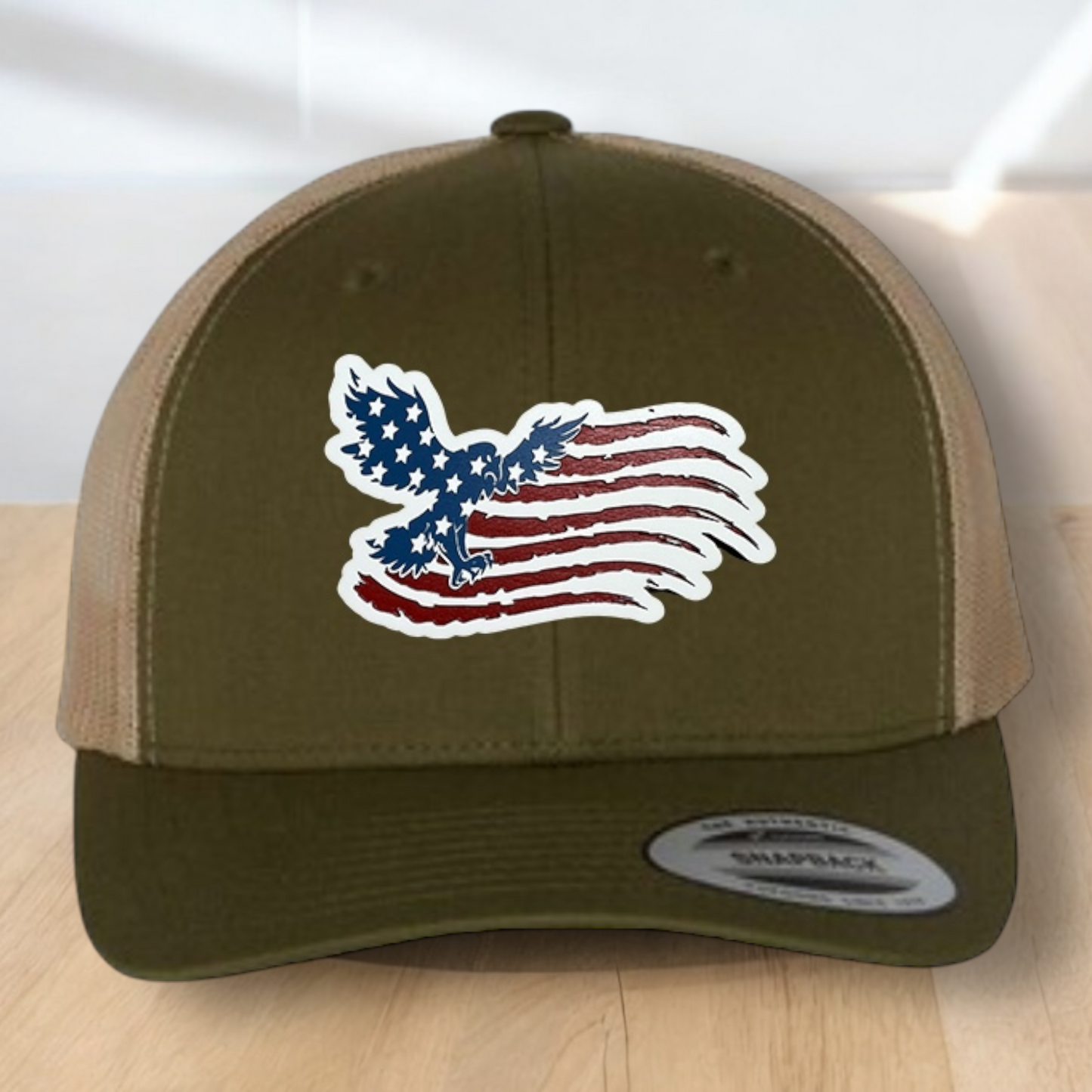 American Flag Custom Trucker Hat, w/ a Engraved Acrylic Flying Eagle USA Flag Patch, One Size Fit Most, USA Dad Gifts, Adjustable Mesh Snapback Closure