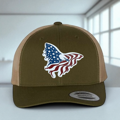 American Flag Custom Trucker Hat, w/ a Engraved Acrylic Eagle USA Flag Patch, One Size Fit Most, USA Dad Gifts, Adjustable Mesh Snapback Closure