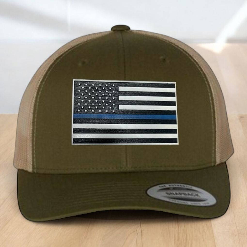 Back The Blue Custom Trucker Hat, Engraved Acrylic Police Blue Line Patch, USA Flag Blue Line Patch, Support the Police Dad Gift, Adjustable Snapback Closure