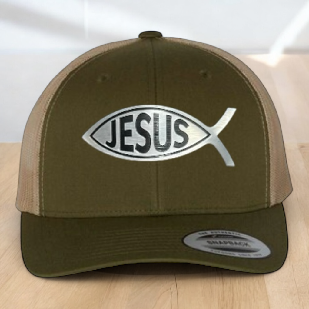 Custom Trucker Hat, with a Jesus Fish Engraved Patch, One Size Fit Most, USA Dad Gifts, Adjustable Mesh Snapback Closure