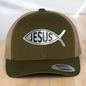 Custom Trucker Hat, with a Jesus Fish Engraved Patch, One Size Fit Most, USA Dad Gifts, Adjustable Mesh Snapback Closure