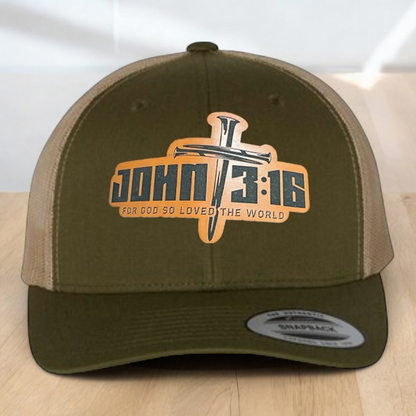 Custom Trucker Hat, with John 3:16 Leatherette Patch, One Size Fit Most, USA Dad Gifts, Adjustable Mesh Snapback Closure