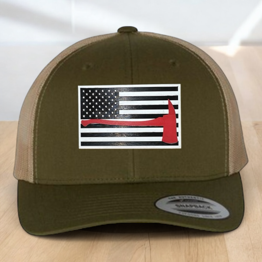 Custom Trucker Hat, Fire Fighter Red Line Axe Hat,  Engraved Acrylic Patch, Support the Fire Fighter, Adjustable Snapback Closure