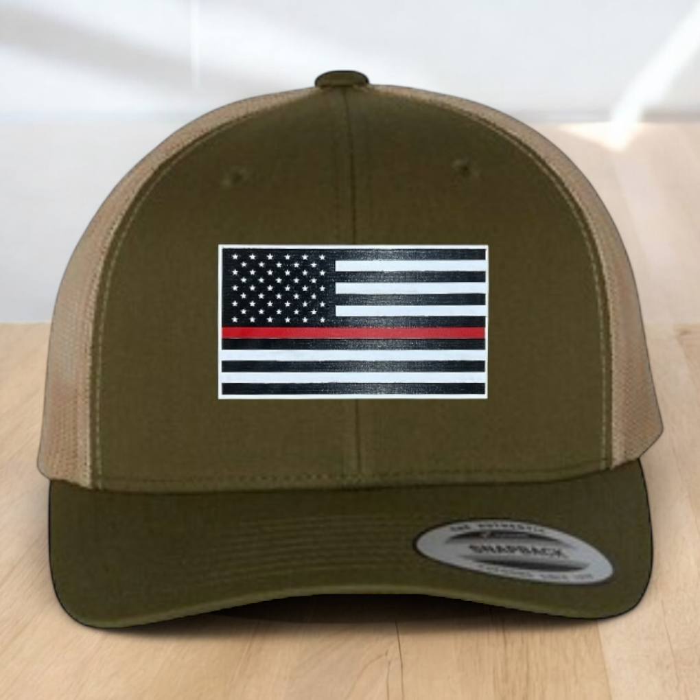 Custom Trucker Hat, Fire Fighter Red Line Hat, Engraved Patch, Support the Fire Fighter, Adjustable Snapback Closure