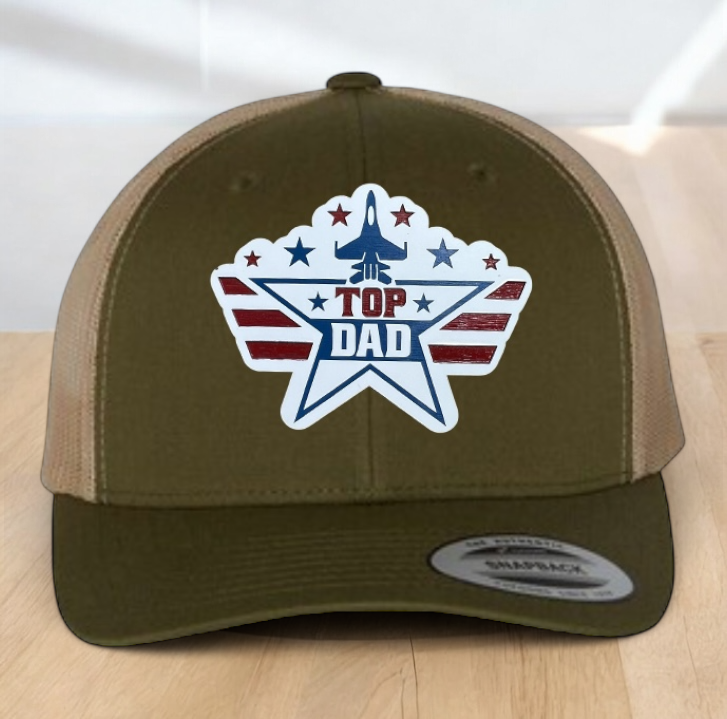 American Flag Custom Trucker Hat, w/ a Engraved Acrylic Top Dad Patch, One Size Fit Most, USA Dad Gifts, Adjustable Mesh Snapback Closure