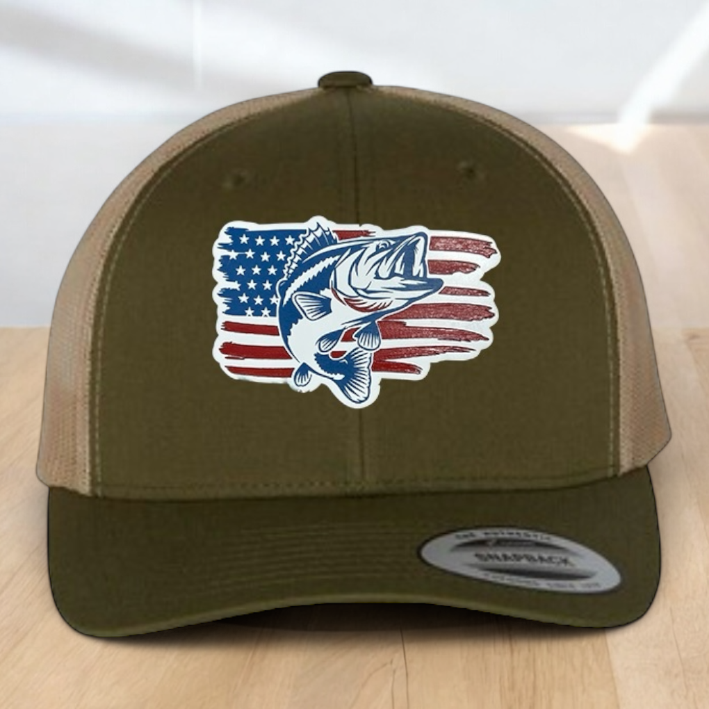 American Flag Custom Trucker Hat, w/ a Engraved Acrylic Bass Fish Patch, One Size Fit Most, USA Dad Gifts, Adjustable Mesh Snapback Closure