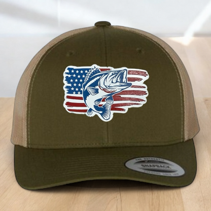 American Flag Custom Trucker Hat, w/ a Engraved Acrylic Bass Fish Patch, One Size Fit Most, USA Dad Gifts, Adjustable Mesh Snapback Closure