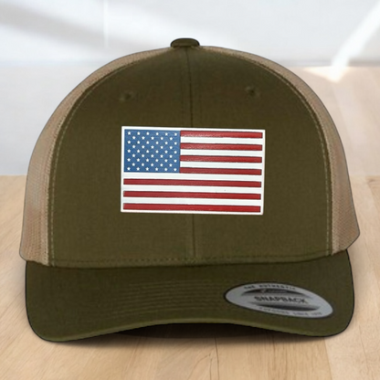 American Flag Custom Trucker Hat, Engraved Acrylic Red White & Blue Flag Patch, USA Flag Patch, One Size Fit Most, USA Dad Gifts, Adjustable Mesh Snapback Closure