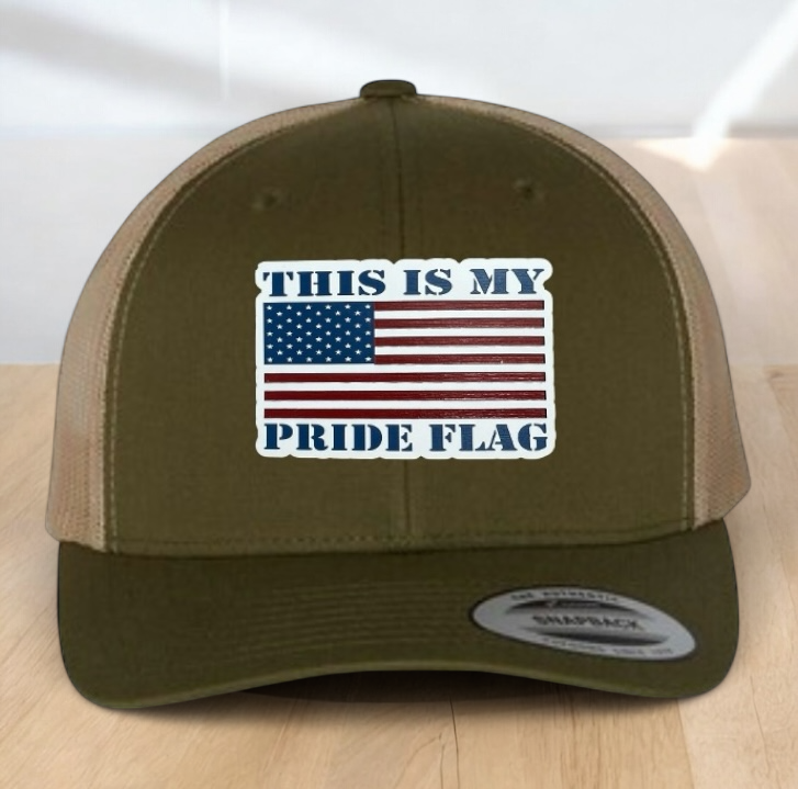 "This Is My Pride Flag" Custom Trucker Hat, w/ an Engraved Acrylic USA Flag Patch, One SizeFit Most, USA Dad Gifts, Adjustable Mesh Snapback Closure