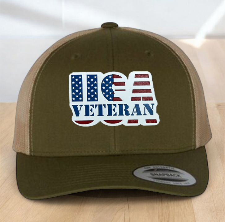 American Flag Custom Trucker Hat, w/ a Engraved Acrylic USA Veteran Flag Patch, One Size Fit Most, USA Dad Gifts, Adjustable Mesh Snapback Closure