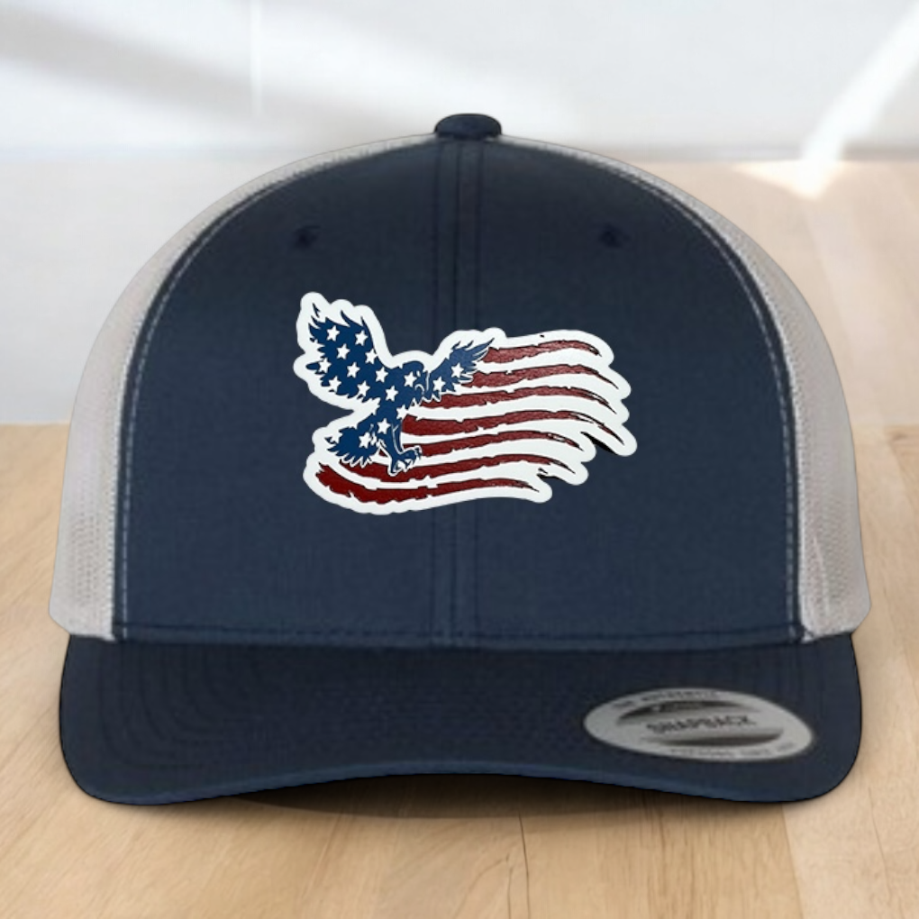 American Flag Custom Trucker Hat, w/ a Engraved Acrylic Flying Eagle USA Flag Patch, One Size Fit Most, USA Dad Gifts, Adjustable Mesh Snapback Closure