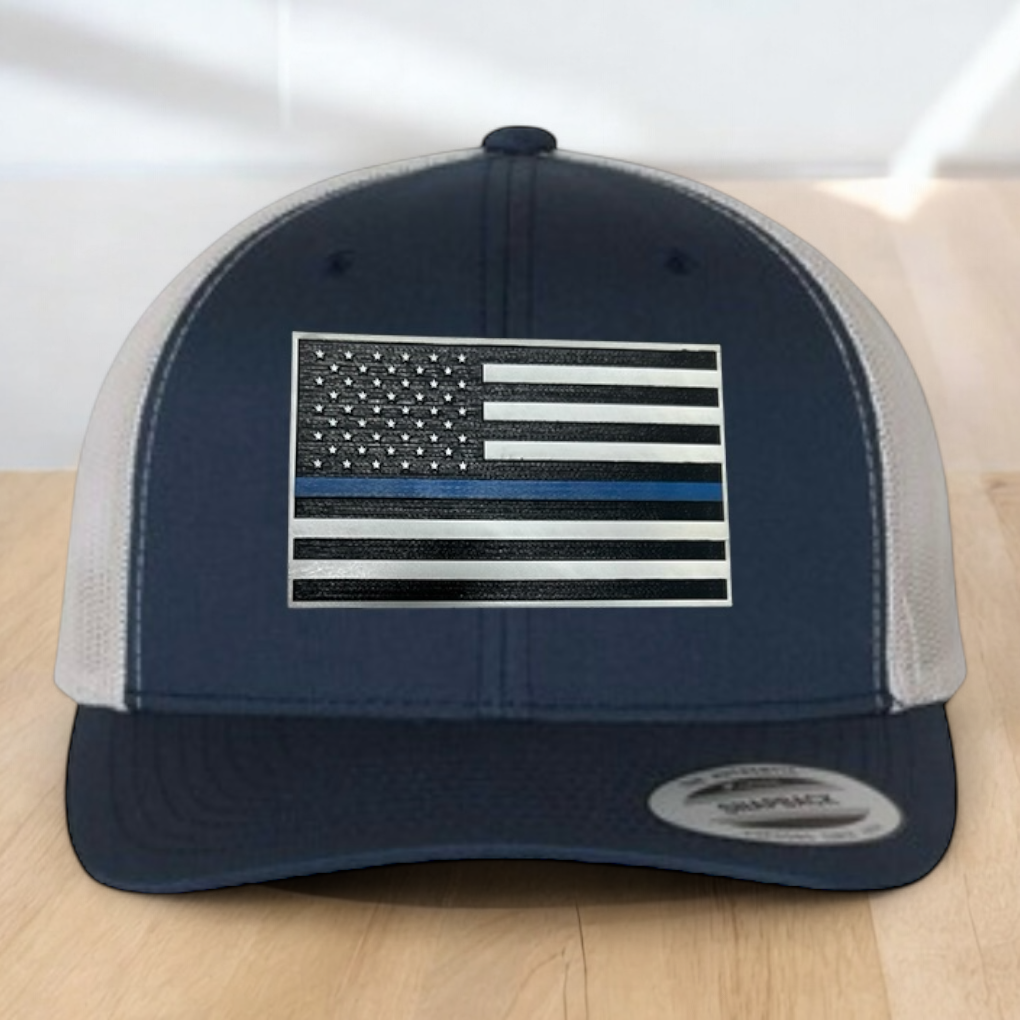 Back The Blue Custom Trucker Hat, Engraved Acrylic Police Blue Line Patch, USA Flag Blue Line Patch, Support the Police Dad Gift, Adjustable Snapback Closure