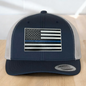 Back The Blue Custom Trucker Hat, Engraved Acrylic Police Blue Line Patch, USA Flag Blue Line Patch, Support the Police Dad Gift, Adjustable Snapback Closure