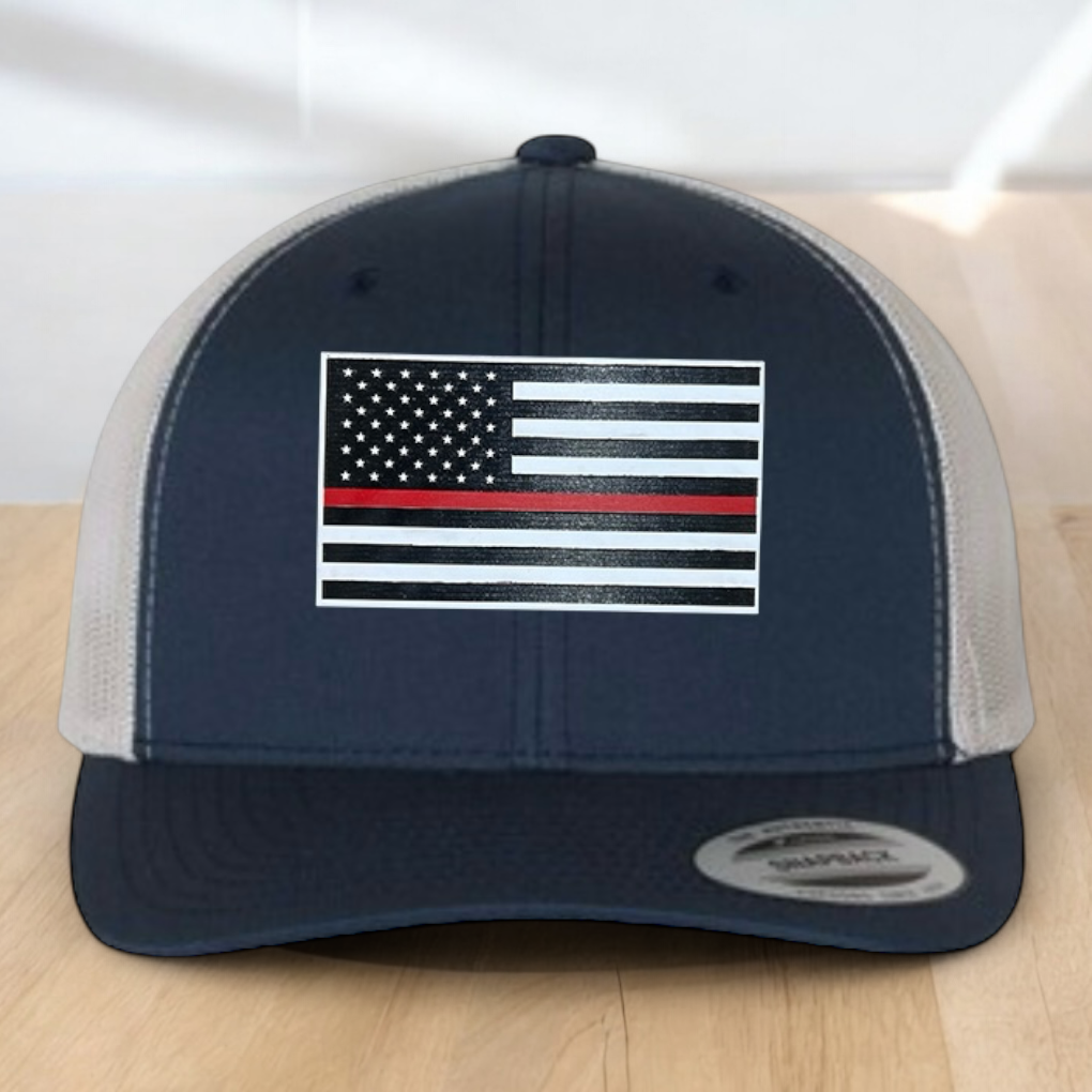 Custom Trucker Hat, Fire Fighter Red Line Hat, Engraved Patch, Support the Fire Fighter, Adjustable Snapback Closure