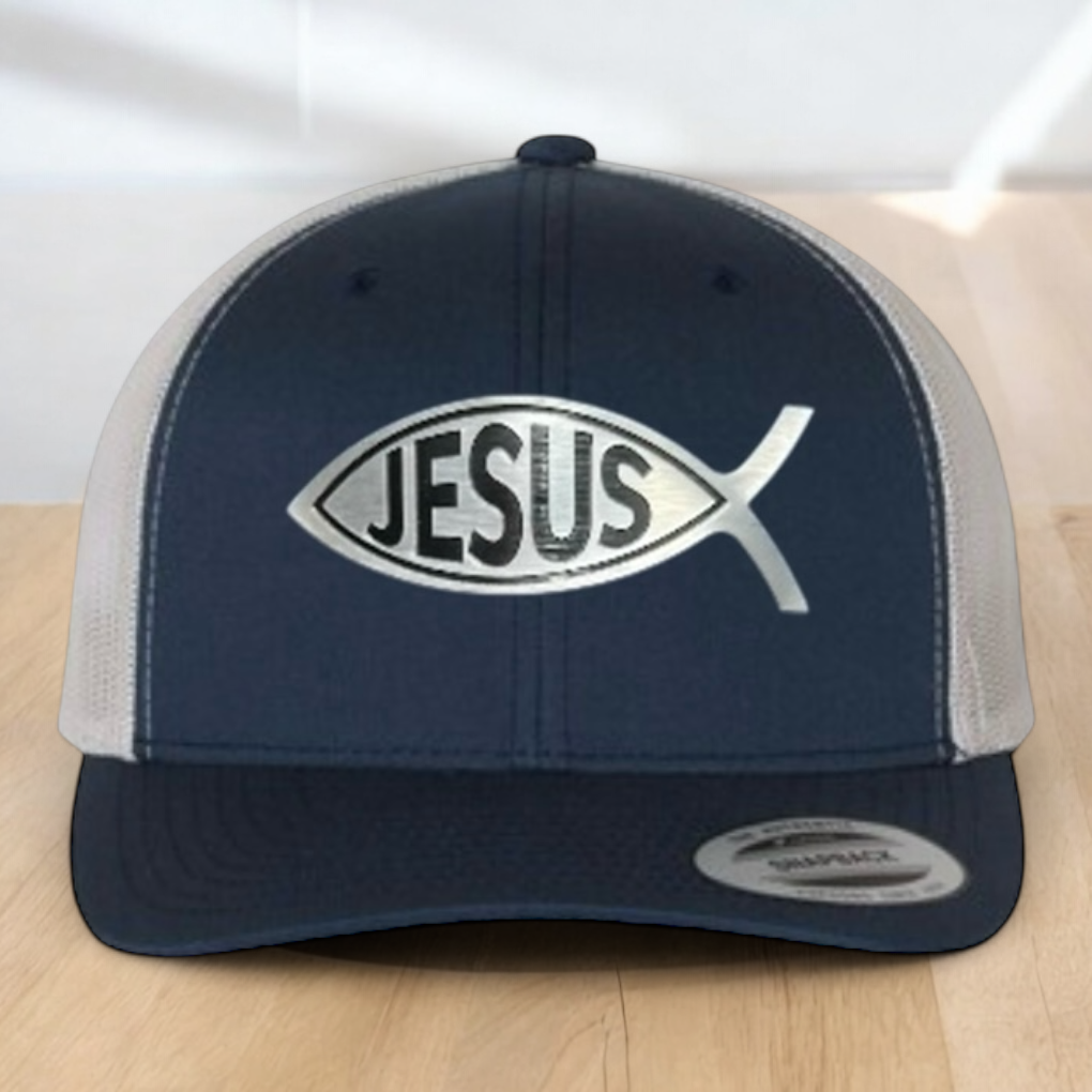 Custom Trucker Hat, with a Jesus Fish Engraved Patch, One Size Fit Most, USA Dad Gifts, Adjustable Mesh Snapback Closure