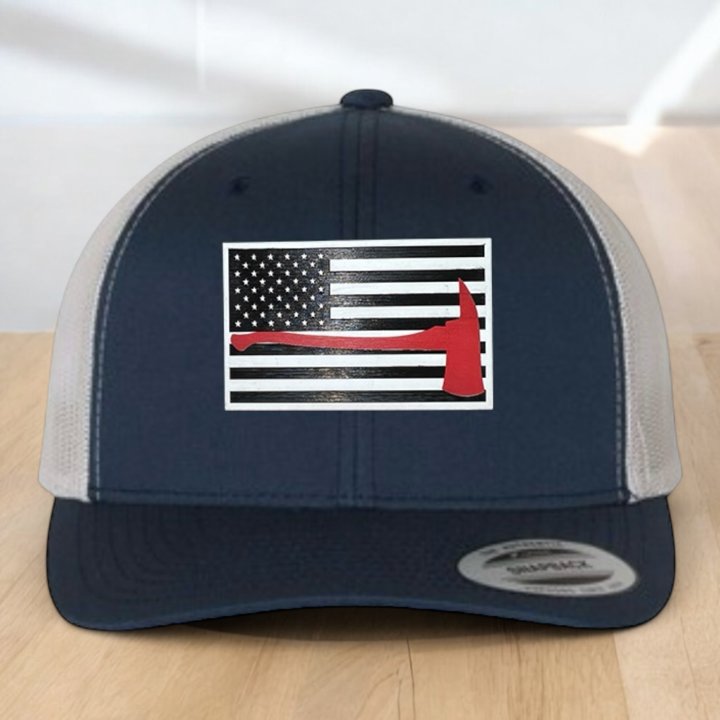 Custom Trucker Hat, Fire Fighter Red Line Axe Hat,  Engraved Acrylic Patch, Support the Fire Fighter, Adjustable Snapback Closure