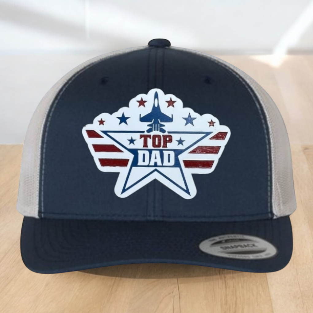 American Flag Custom Trucker Hat, w/ a Engraved Acrylic Top Dad Patch, One Size Fit Most, USA Dad Gifts, Adjustable Mesh Snapback Closure
