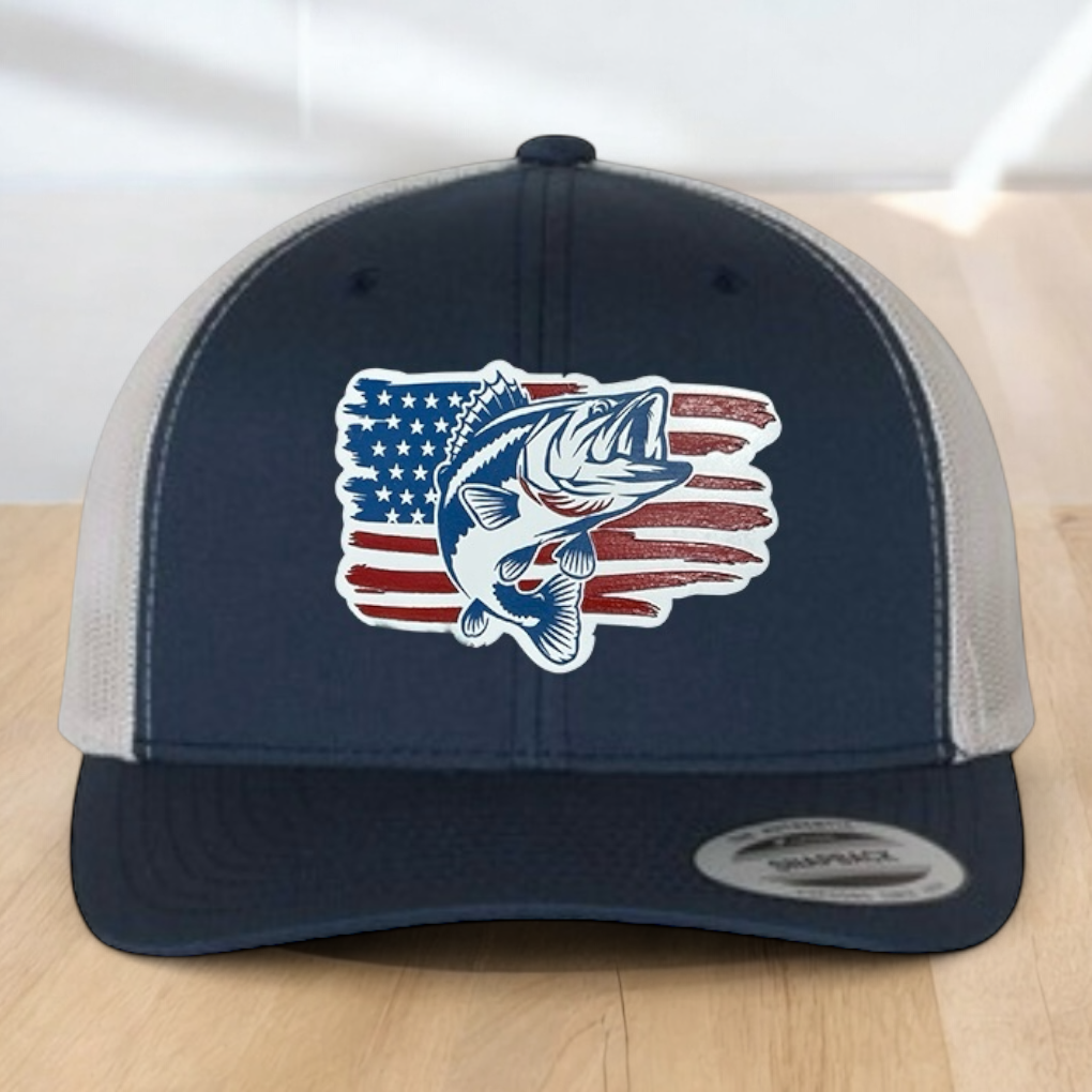 American Flag Custom Trucker Hat, w/ a Engraved Acrylic Bass Fish Patch, One Size Fit Most, USA Dad Gifts, Adjustable Mesh Snapback Closure